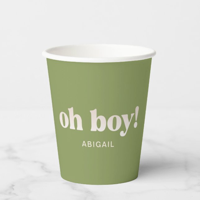 Moss Green Oh Boy! Baby Shower Paper Cup (Front)