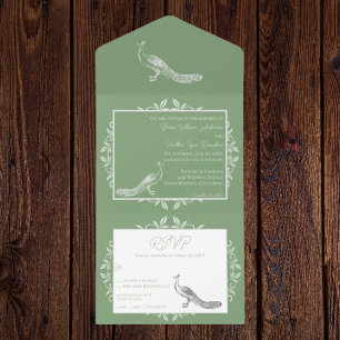 Moss Green Peacock Flourish All In One Invitation