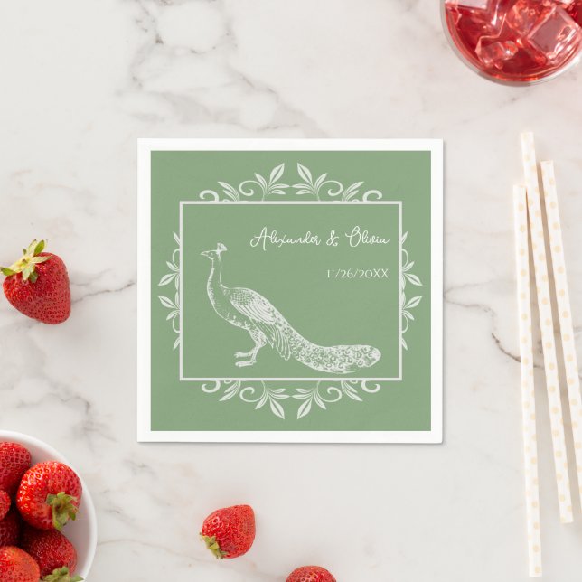 Moss Green Peacock Flourish Bridal Shower Napkins (Insitu)