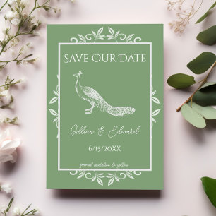 Moss Green Peacock Flourish Save The Date Announcement