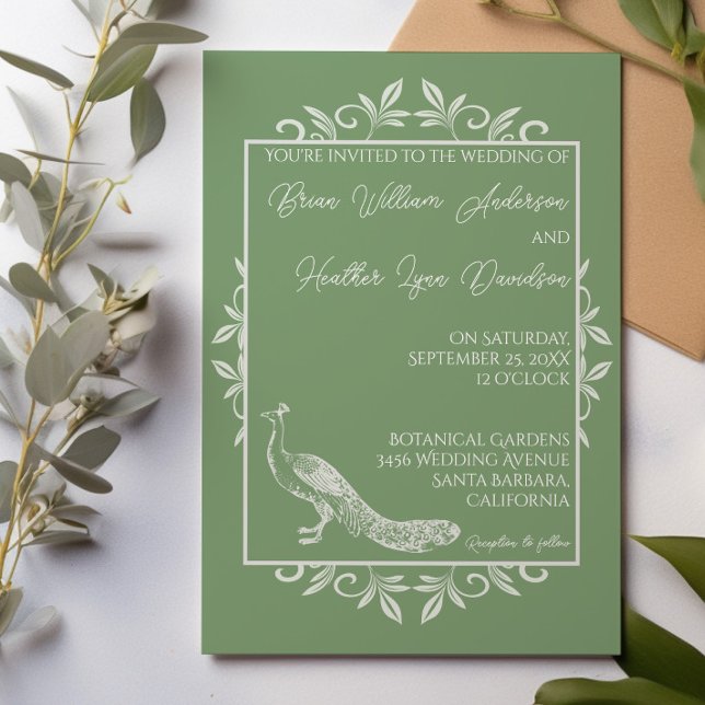 Moss Green Peacock Flourish Wedding Invitation (Moss Green Peacock Flourish Wedding Invitation)