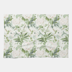 Moss Green Peony Floral, Soft White Ground Kitchen Towel