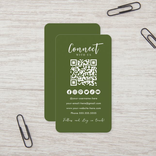 Moss Green QR Code Connect With Us Social Media Business Card (Front/Back In Situ)