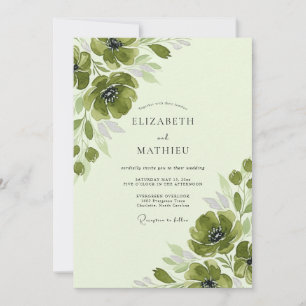 Moss Green Romantic Anemone Spring Wedding Invitation