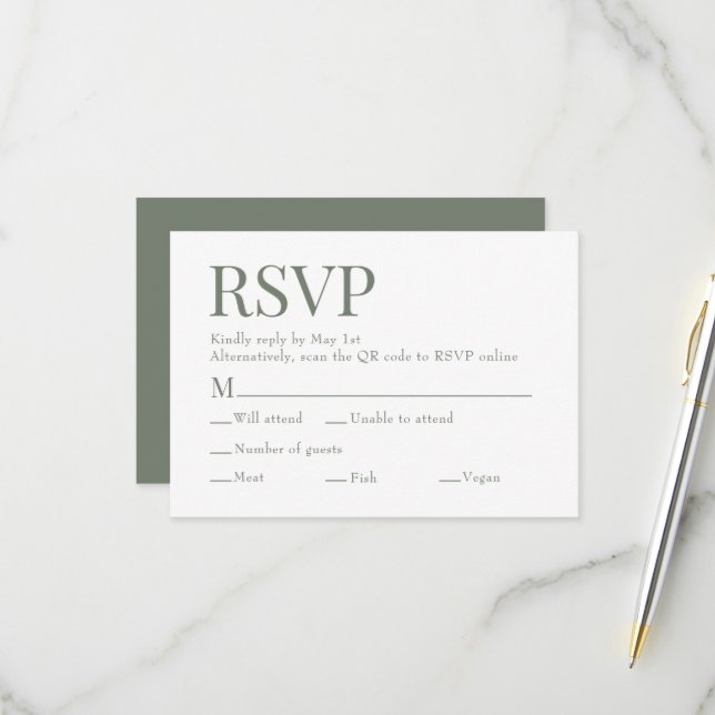 Moss Green Scan Qr Code Meal Choice Wedding RSVP Card (Front/Back In Situ)