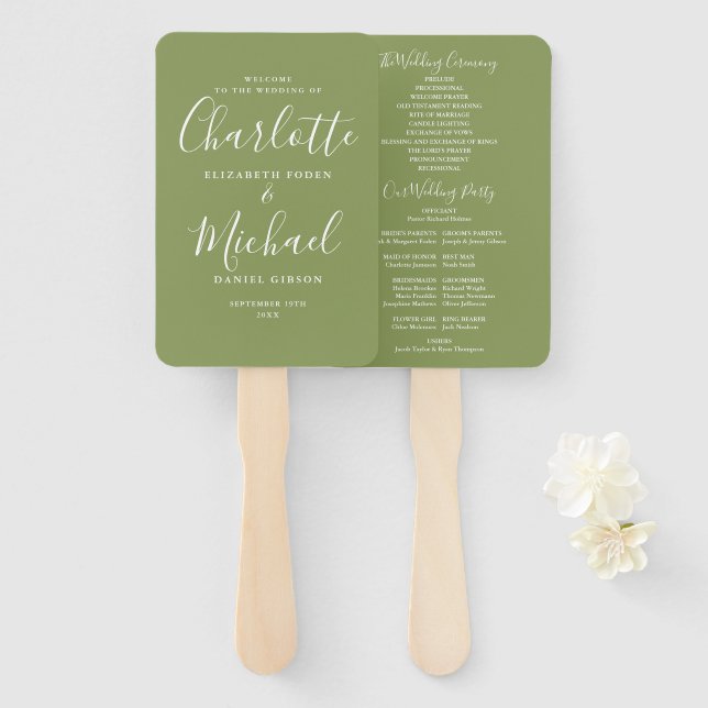 Moss Green Signature Script Wedding Program Hand Fan (Front and Back)