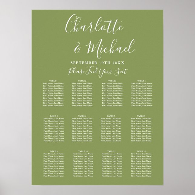 Moss Green Signature Script Wedding Seating Chart (Front)