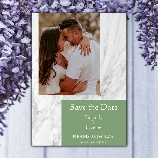 Moss Green Simple Marbled Photo Save The Date (Moss Green Simple Marbled Photo Save the Date)