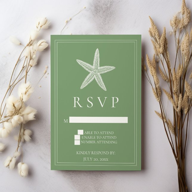 Moss Green Starfish Wedding RSVP Card (Moss Green Starfish Wedding RSVP Card)