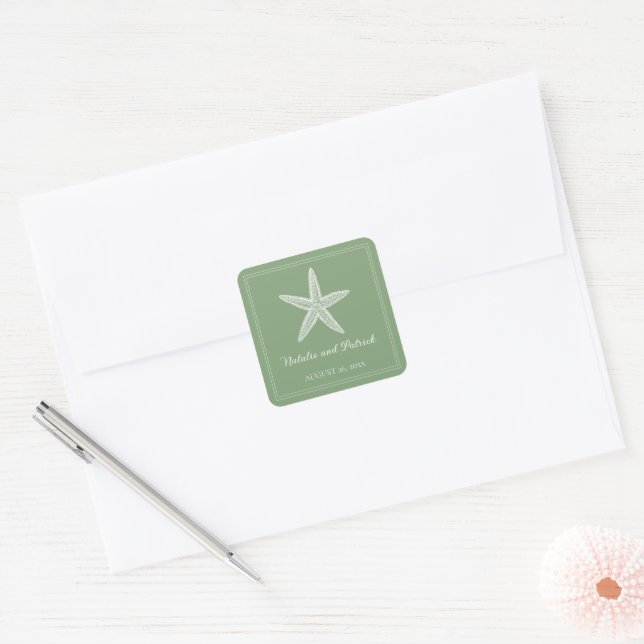 Moss Green Starfish Wedding Stickers (Envelope)