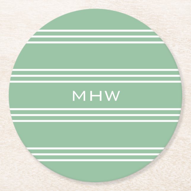 Moss Green Stripes custom monogram paper coasters (Front)