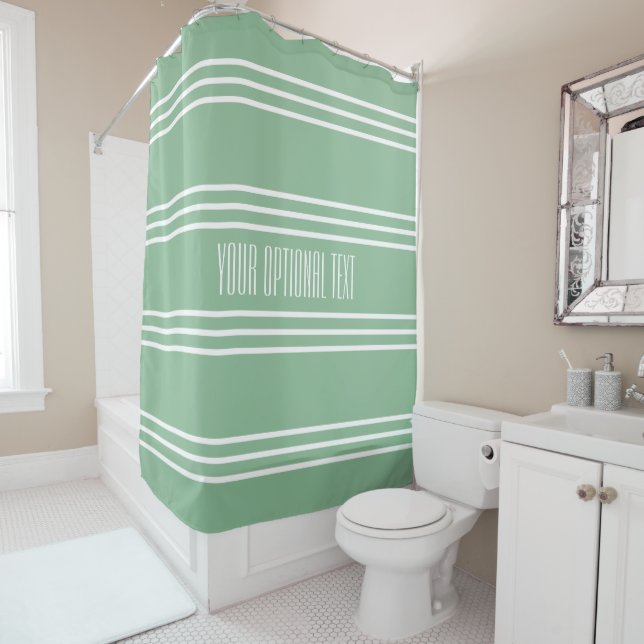 Moss Green Stripes Custom Text shower curtain (In Situ)