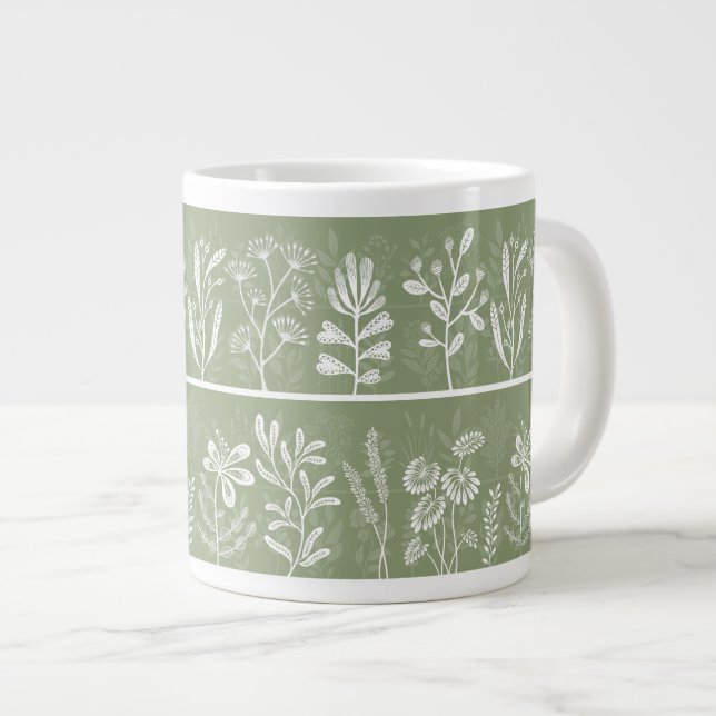 Moss Green Whimsical Botanical Silhouettes Large Coffee Mug (Front Right)