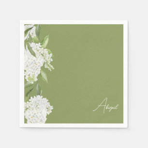 Moss Green White Floral Script Name Bridal Shower Napkin