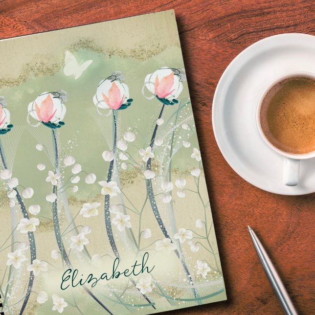 Moss Green & White Pastel Flowers Personalized Notebook (Capture your thoughts in style with our Moss Green & White Pastel Flowers Personalized Notebook.)