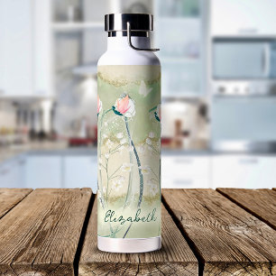 Moss Green & White Pastel Flowers Personalized  Water Bottle