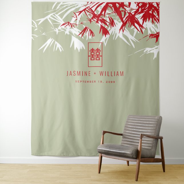 Moss Grey Bamboo Leaves Chinese Wedding Backdrop Tapestry (In Situ)
