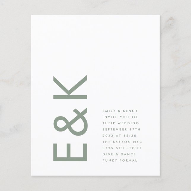 Moss Sage Green Modern Budget Monogram Wedding Flyer (Front)