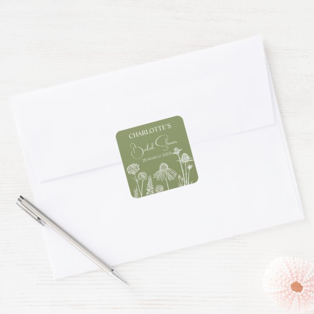 Moss Wildflowers Sketched Floral Bridal Shower  Square Sticker (Envelope)