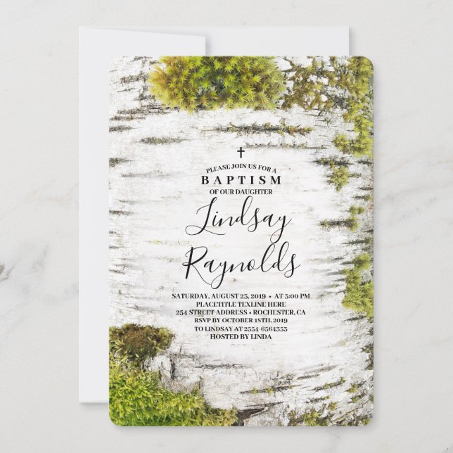 Mossy Birch Tree Rustic Countryside Baptism Invitation (Front)