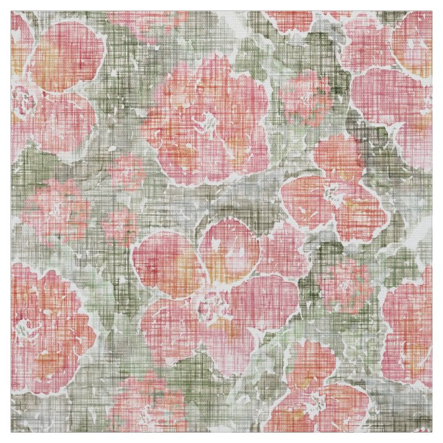 mossy green red flowers texture canvas coarse fabric (Swatch)
