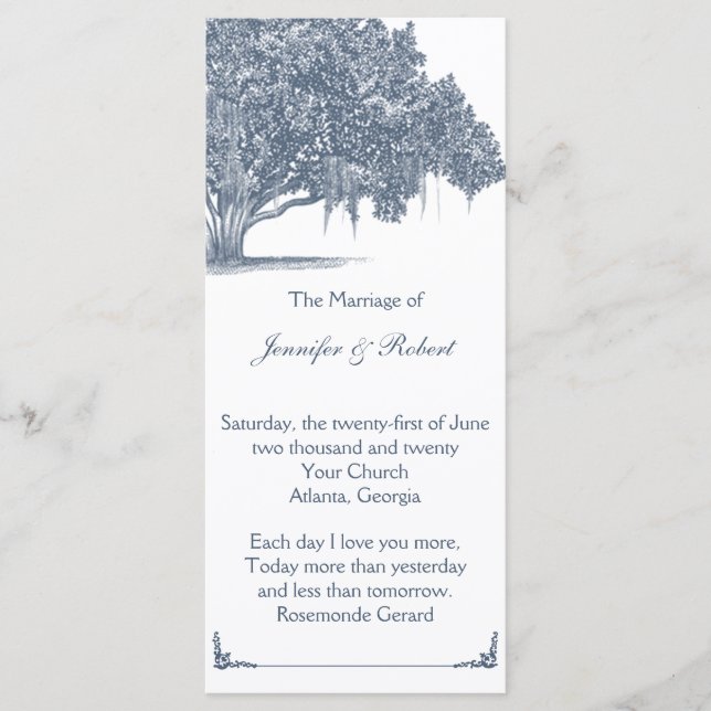 Mossy Oak Tree in Blue Wedding Program (Front)