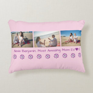 Most Amazing Mom Ever, w/ Heart. Name + 3 Photos  Accent Pillow