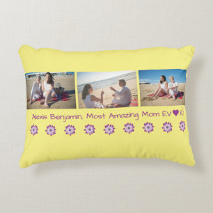 Most Amazing Mom Ever, w/ Heart. Name + 3 Photos  Accent Pillow