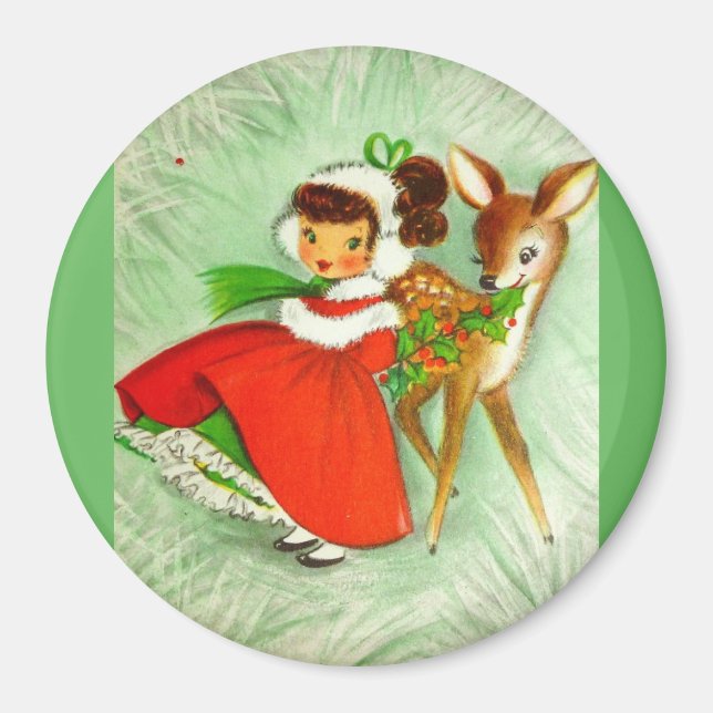 Most Beautiful Vintage Christmas Deer & Girl Magnet (Front)