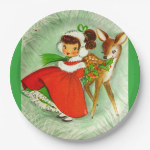 Most Beautiful Vintage Christmas Deer & Girl Paper Plate
