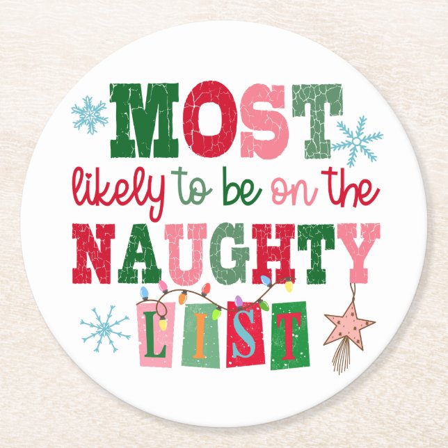 Most Likely to Be on the Naughty List Round Paper Coaster (Front)