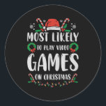 Most Likely To Christmas Matching Family Pajamas F Classic Round Sticker<br><div class="desc">Most Likely To Christmas Matching Family Pajamas Funny</div>