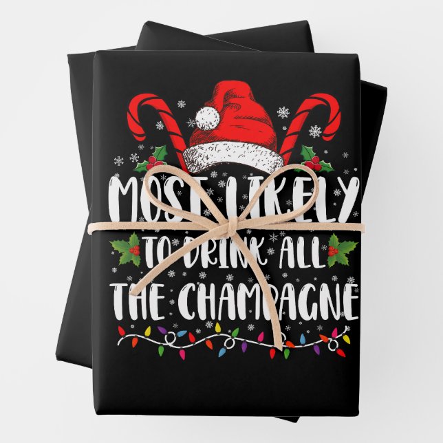 Most Likely To Drink All The Champagne Xmas Drink Wrapping Paper Sheet (In situ)