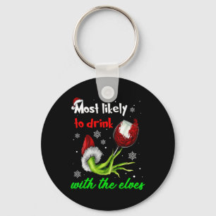 Most Likely To Drink With The Elves Christmas Sant Keychain