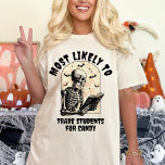 Most Likely To Matching Halloween Ghost Teacher T-Shirt<br><div class="desc">Introducing our "Most Likely To" Matching Halloween Ghost Teacher T-Shirt, the perfect addition to any educator’s Halloween wardrobe. This retro-inspired shirt features a charming skeleton reading a book, making it an ideal Halloween teacher shirt for those who love to blend education with festive fun. Crafted from soft, high-quality fabric, this...</div>