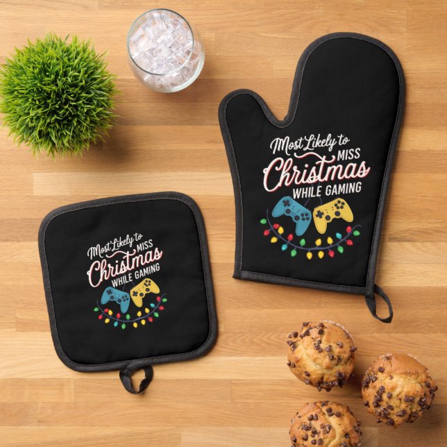 Most Likely To Miss Christmas While Gaming Gamer  Oven Mitt & Pot Holder Set (Top Down)