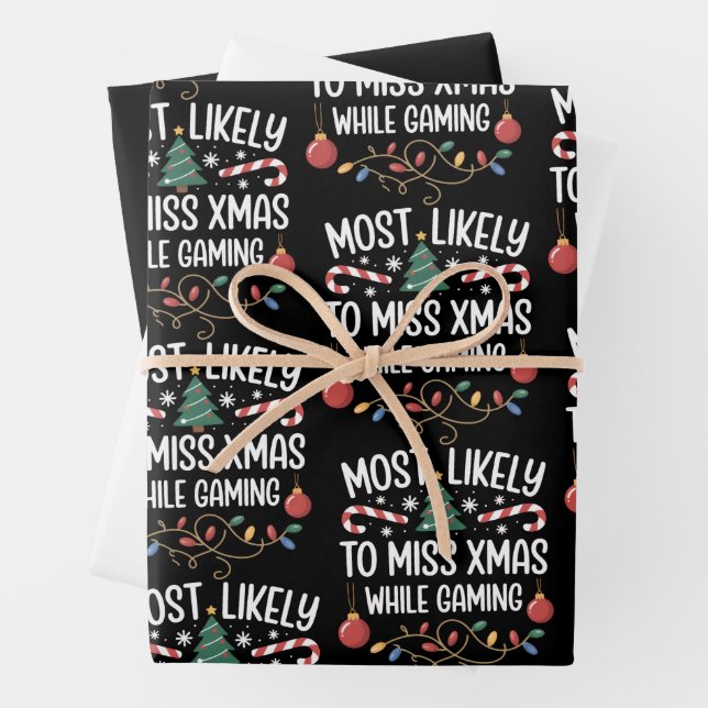 Most Likely To Miss Xmas While Gaming Family Xmas Wrapping Paper Sheet (In situ)