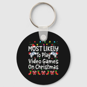 Most Likely To Play Video Game On Christmas Family Keychain