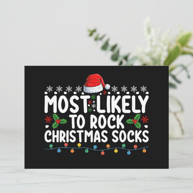 Most Likely To Rock Christmas Socks Family Holiday Invitation (Standing Front)
