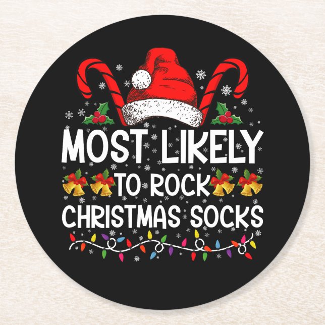 Most Likely To Rock Christmas Socks Funny Xmas Round Paper Coaster (Front)