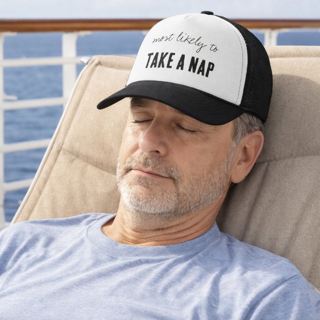 Most Likely To TAKE A NAP Funny Cruise Trucker Hat (Fun most likely to take a nap trucker hat | matching family cruise hats)