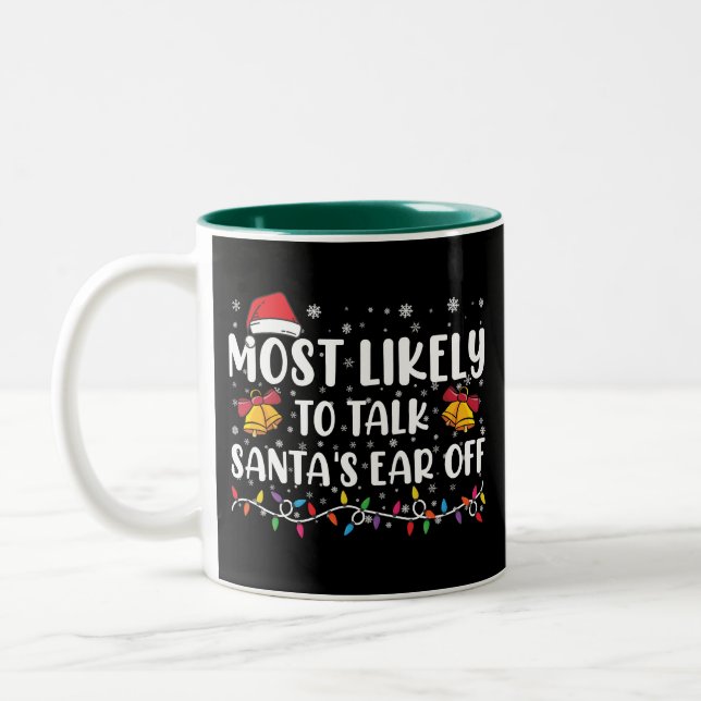 Most Likely To Talk Santas Ear Off Family Xmas Two-Tone Coffee Mug (Left)