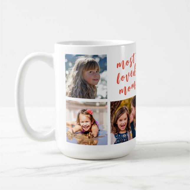 Most Loved Mom in Modern Pink Script 6 Photo Mug (Left)