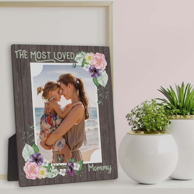 Most Loved Mommy Rustic Wood Floral Photo Plaque (Creator Uploaded)