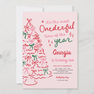 Most Onederful Coquette Bow Christmas 1st Birthday Invitation