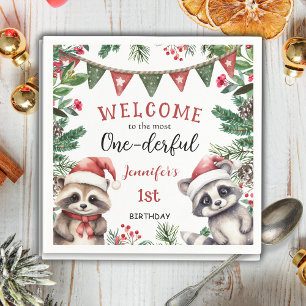 Most ONEderful   Raccoon Christmas 1st Birthday Napkin