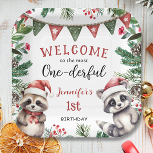 Most ONEderful   Raccoon Christmas 1st Birthday Paper Plate