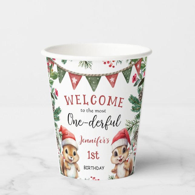 Most ONEderful | Squirrel Christmas 1st Birthday Paper Cups (Front)