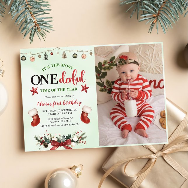 Most ONEderful Time Stocking Christmas Birthday  Invitation (Creator Uploaded)