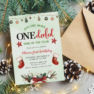 Most ONEderful Time Stocking Christmas Birthday Invitation